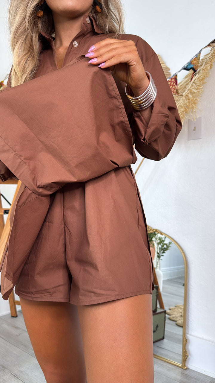 Martini Hour Button Down Romper Dress, Brown