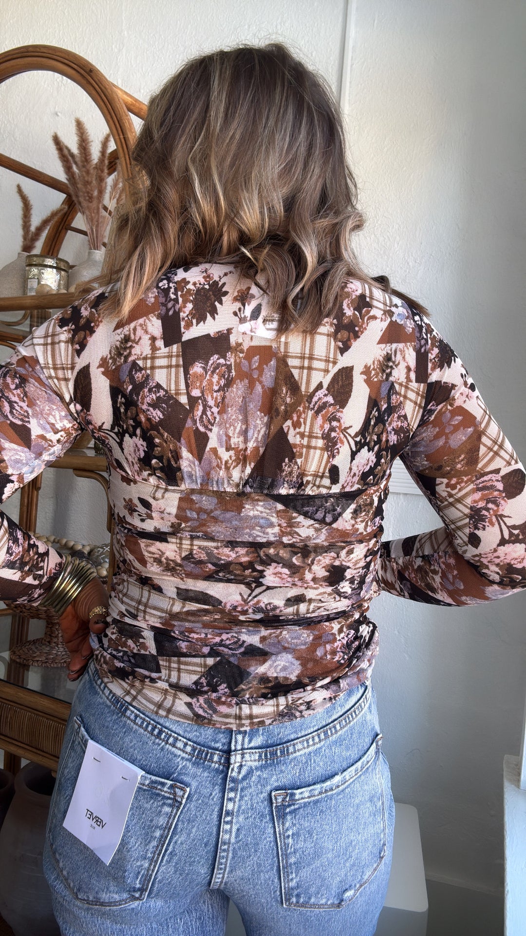 Faded Flora Mesh Top, Cream/Brown