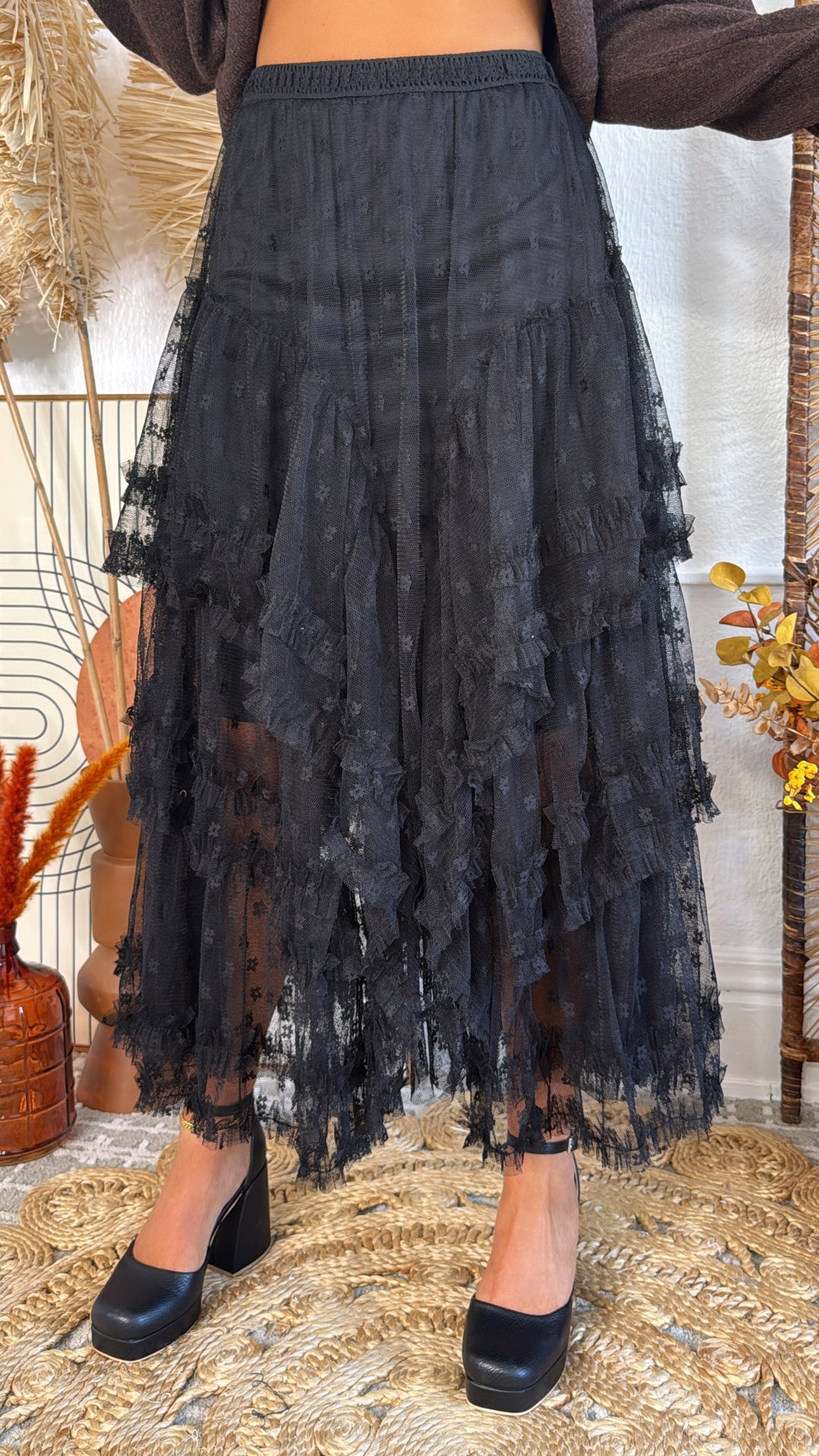 Whispering Shadows Mesh Skirt, Black