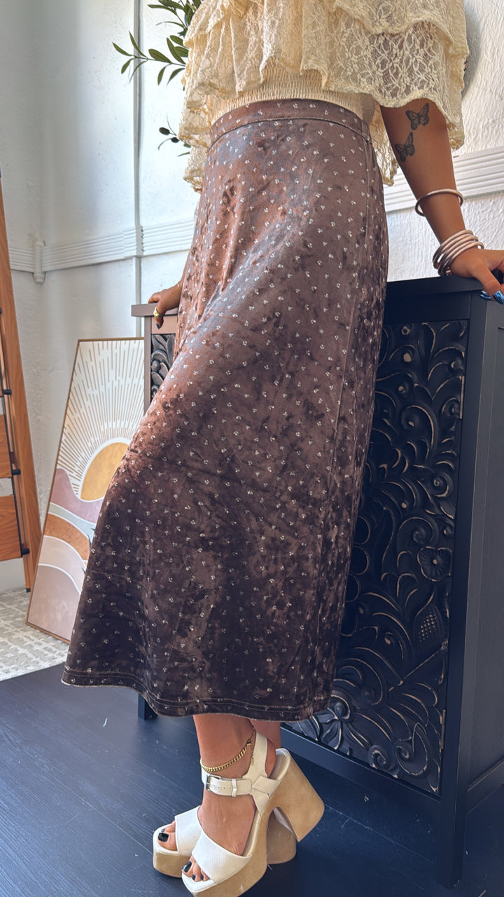 Toasted Fig Velvet Midi Skirt, Brown