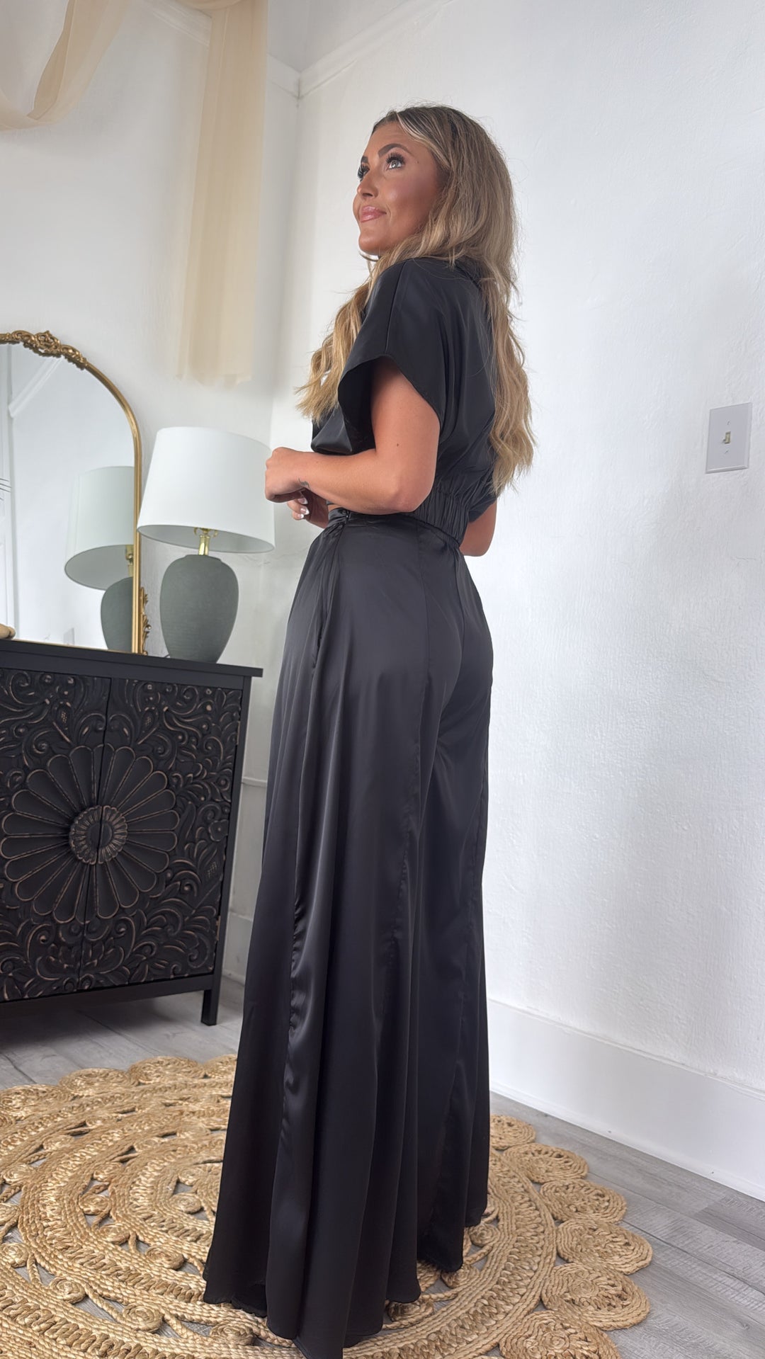 Satin Top and Pants Set, Black Satin Top and Pants Set, Black