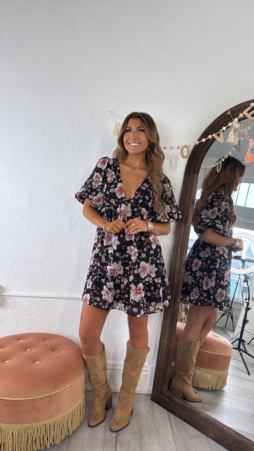 Della Dainty Floral Bubble Sleeve Mini Dress, Fall Black Multi XS