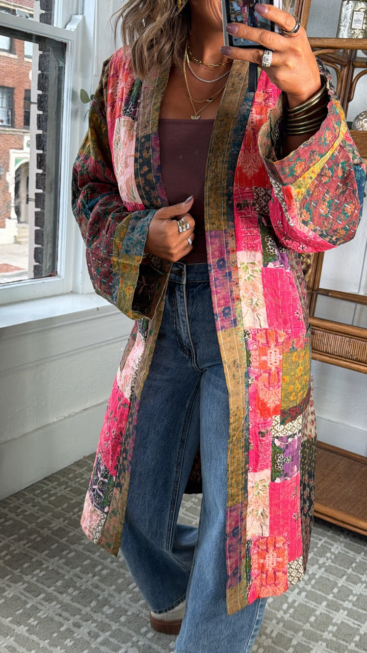 Laguna Mist Patchwork Duster Cardigan, Taupe/Pink/Multi