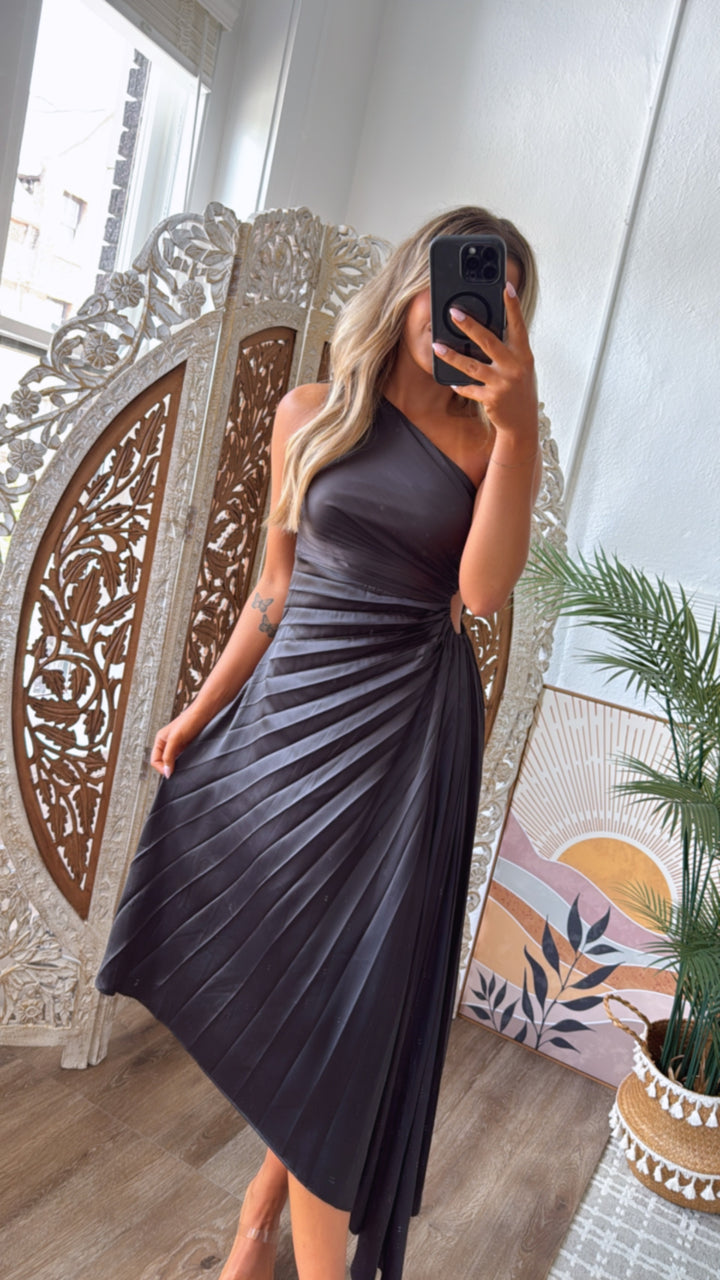 Olivia One Shoulder Satin Pleated Dress, Black
