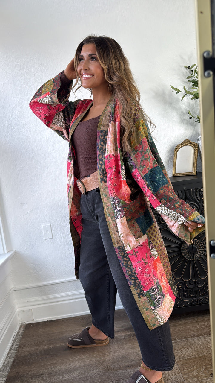 Laguna Mist Patchwork Duster Cardigan, Taupe/Pink/Multi