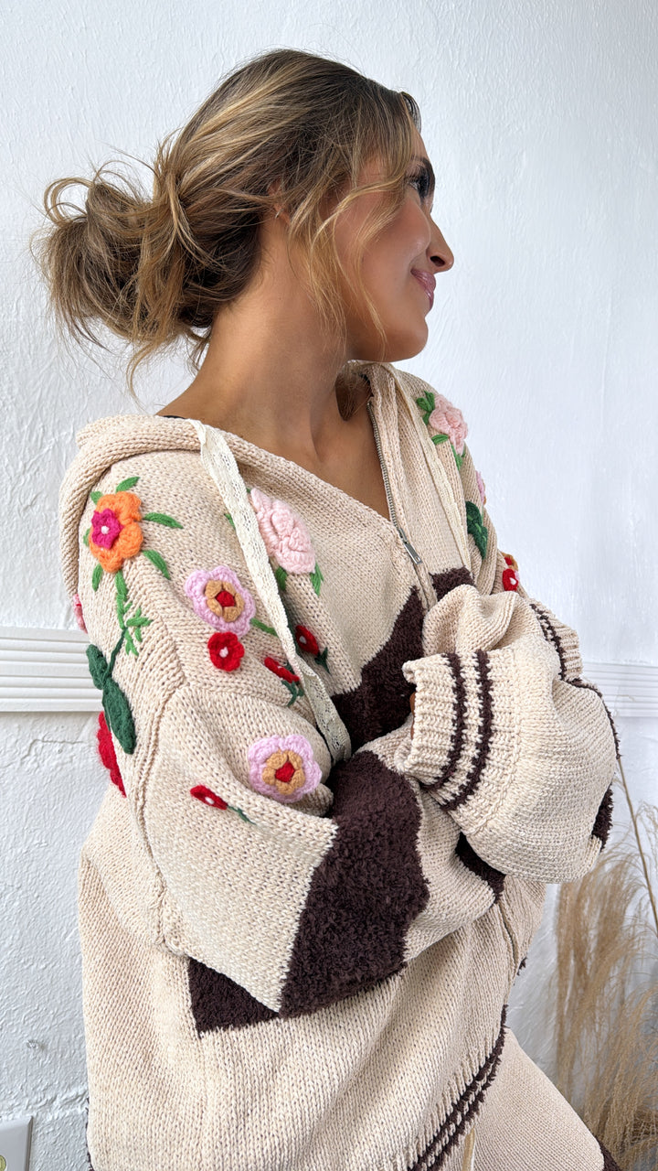 Striped Floral Detail Zip Up Sweater, Mocha Multi