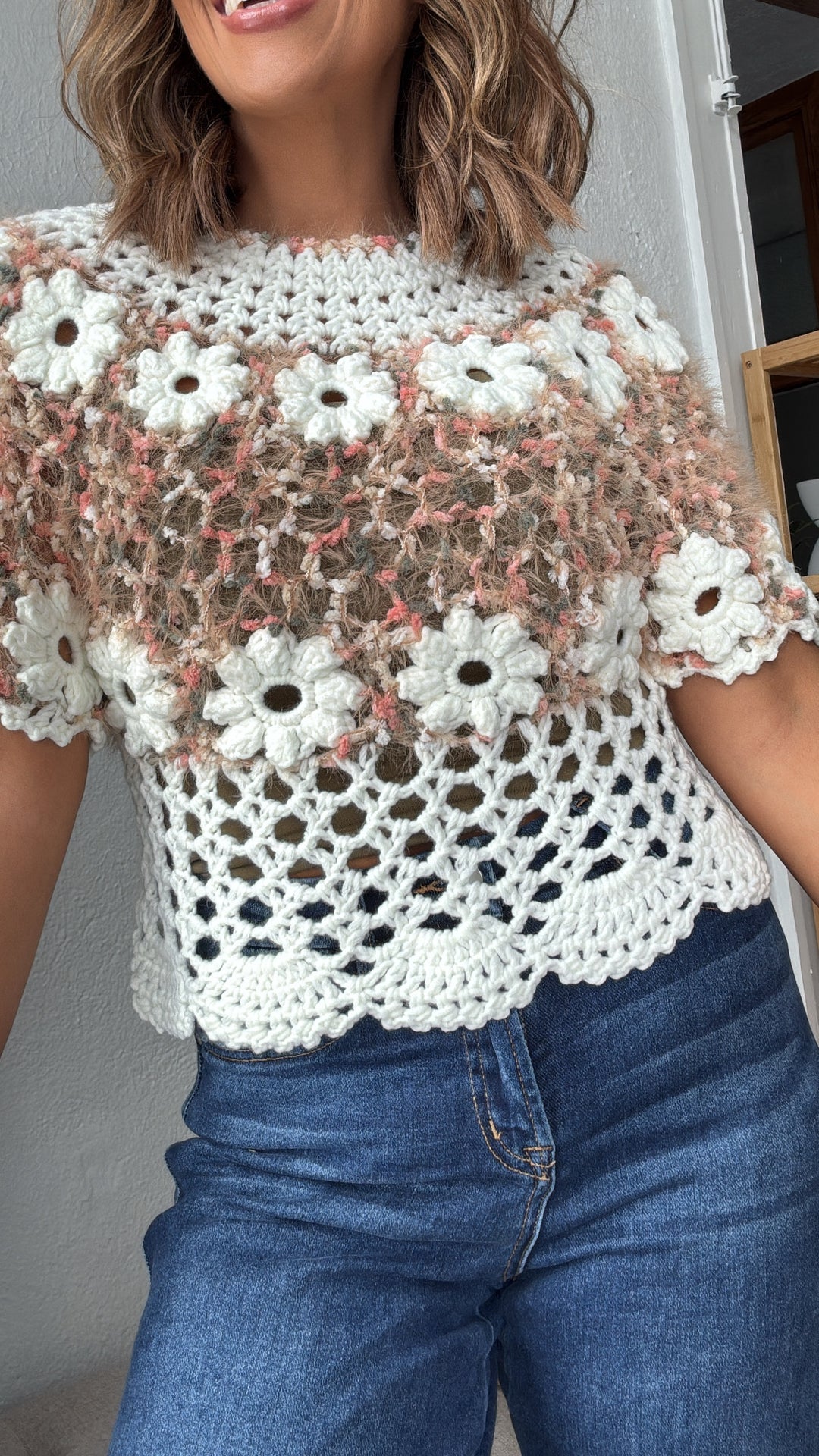 Garden Knit Sweater Top, Beige/Pink