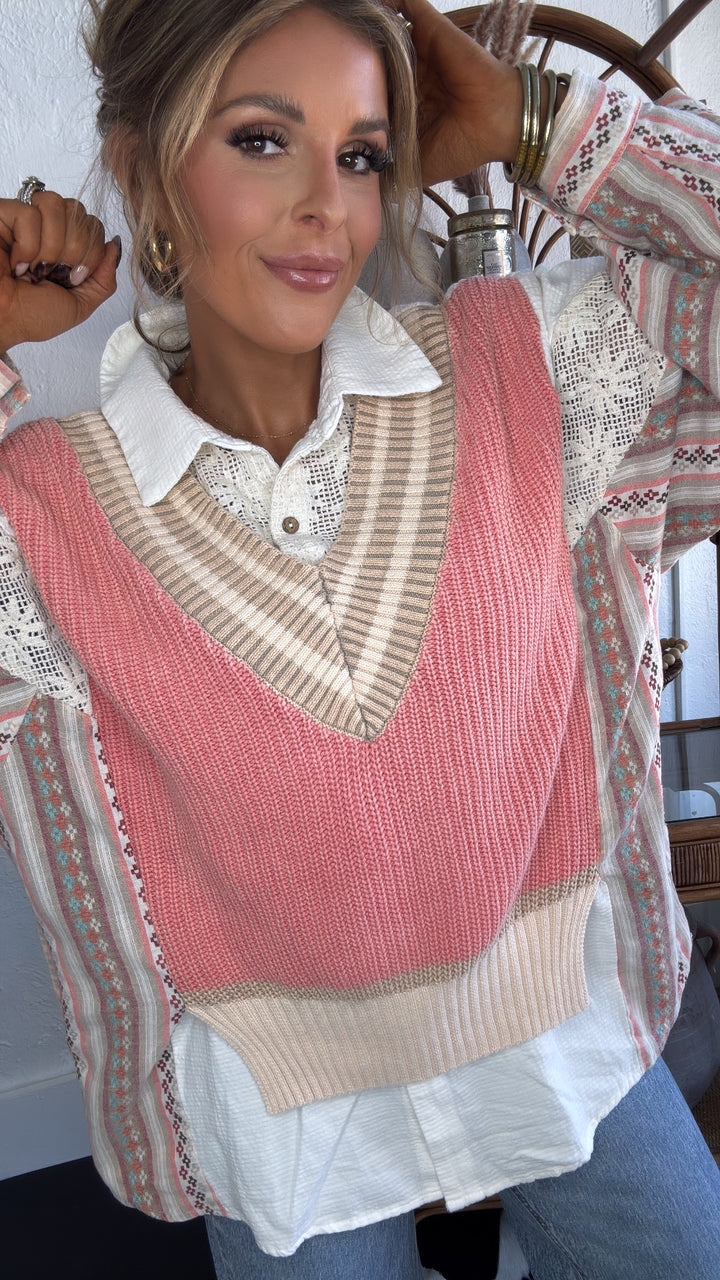 Willa Layered Vest Top, Taupe/Pink