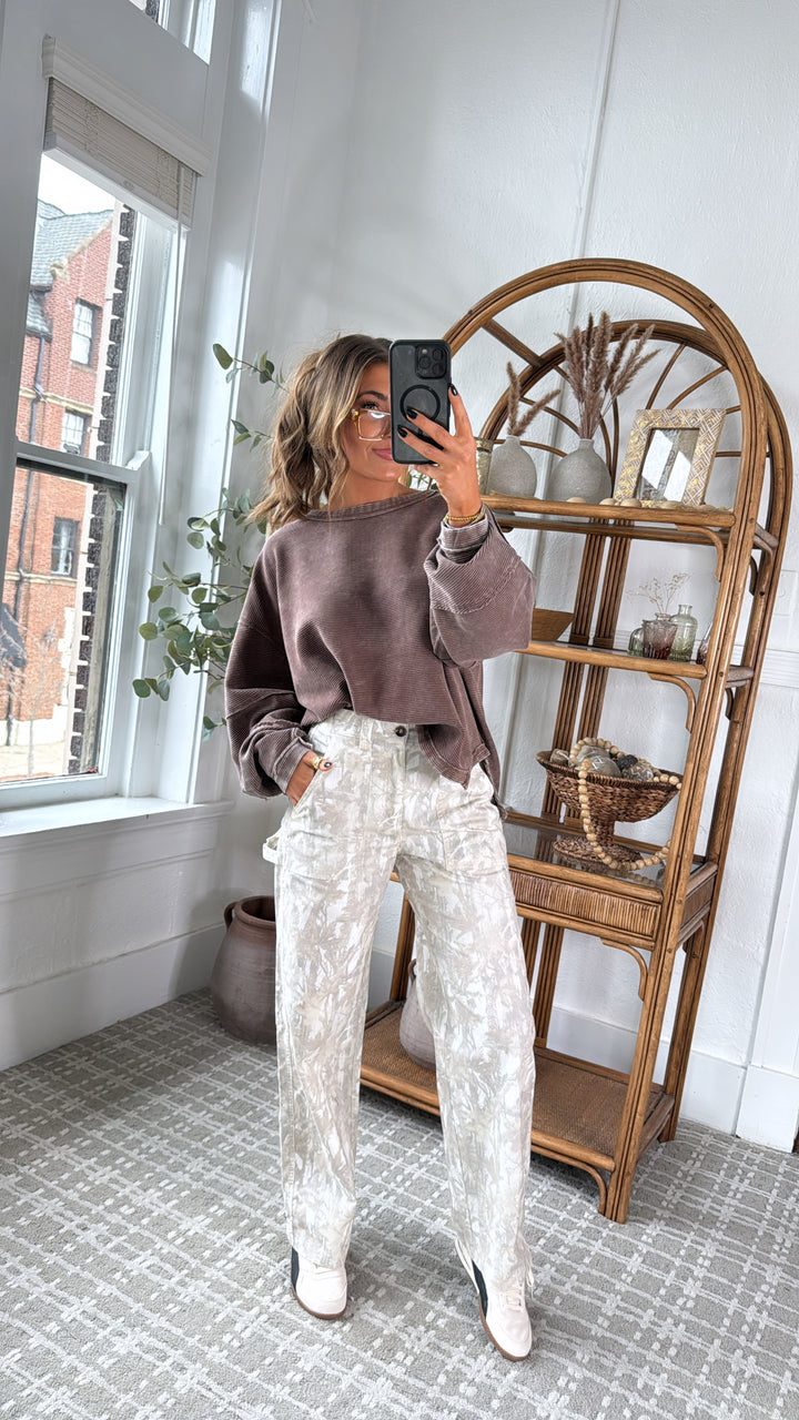 DOORBUSTER: Acid Washed Ribbed Cropped Pullover, Brown