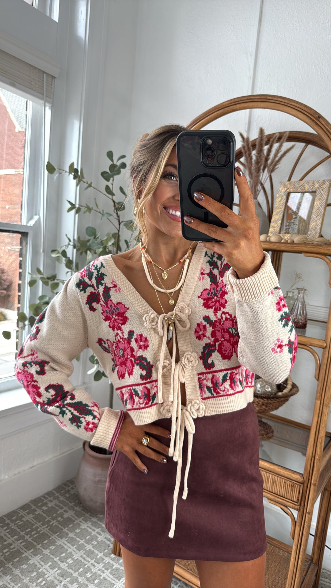 RoseAnn Knit Cardigan, Ivory/Red Floral