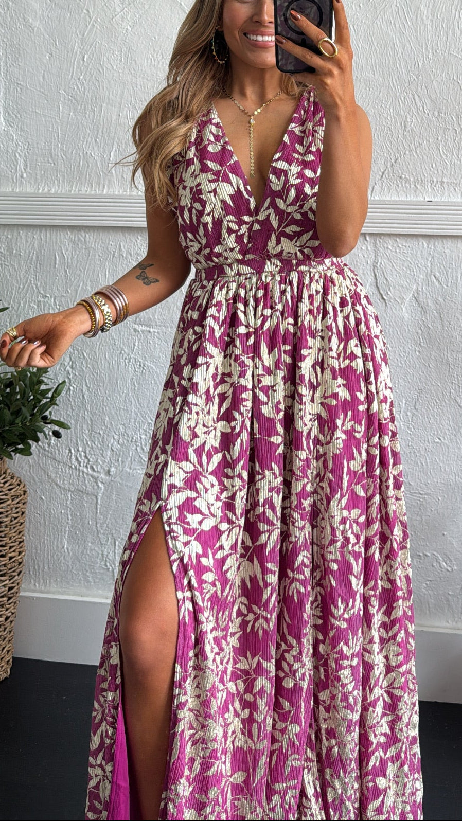 Rosaline Plunge Maxi Dress, Magenta/Gold