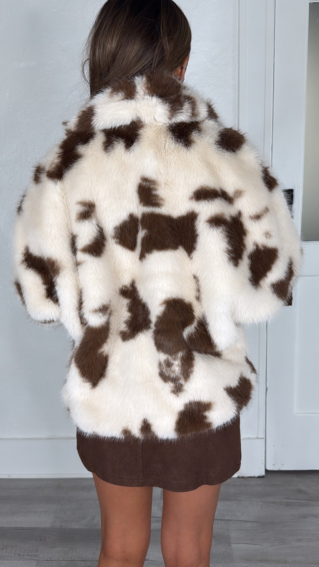 Cow Printed Fur Jacket, Brown/Cream