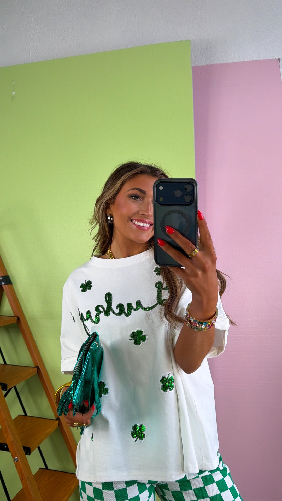 Lucky Sequin Patch Top, White