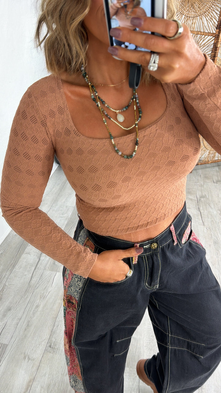 Lace Texture Square Neck Top, Mocha Muse