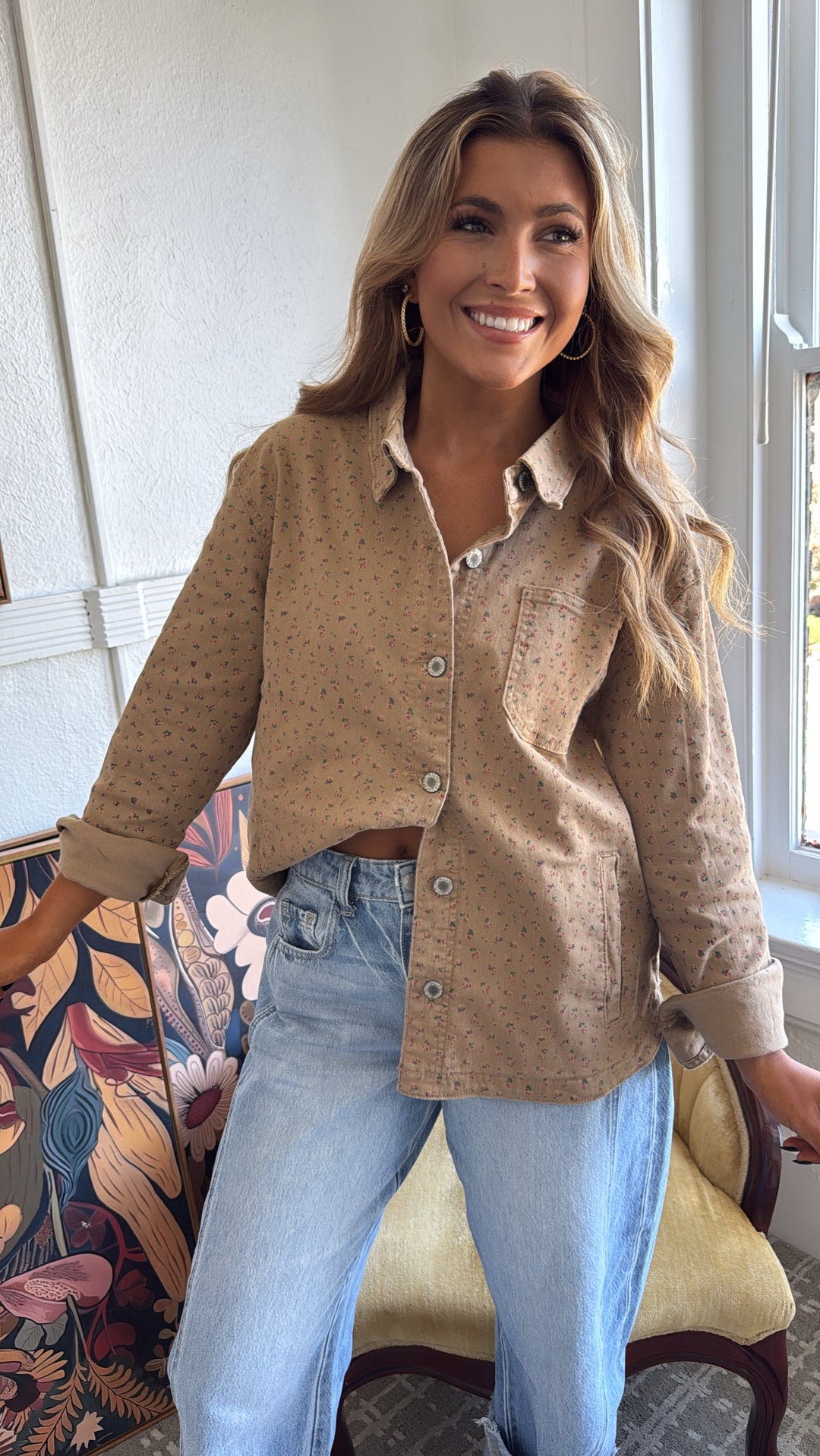 Pretty Petals Floral Print Denim Jacket, Mocha