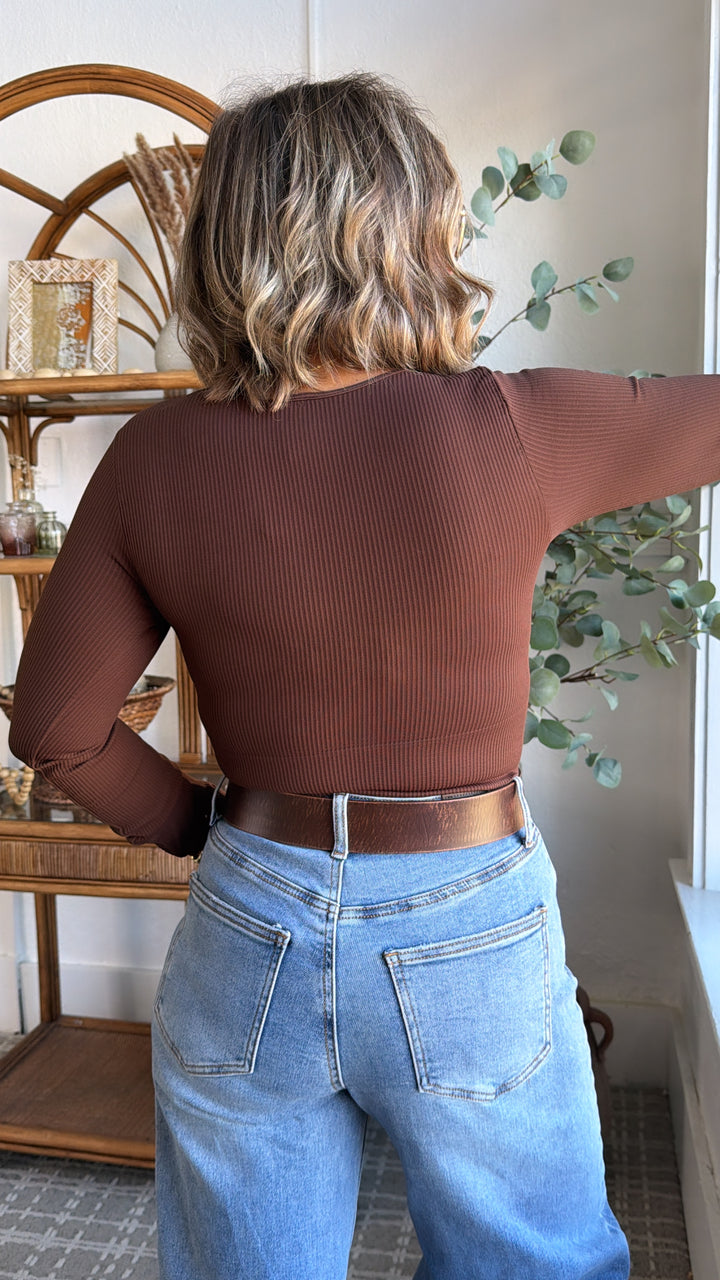 Ribbed Long Sleeve Crew Neck Top, Brown