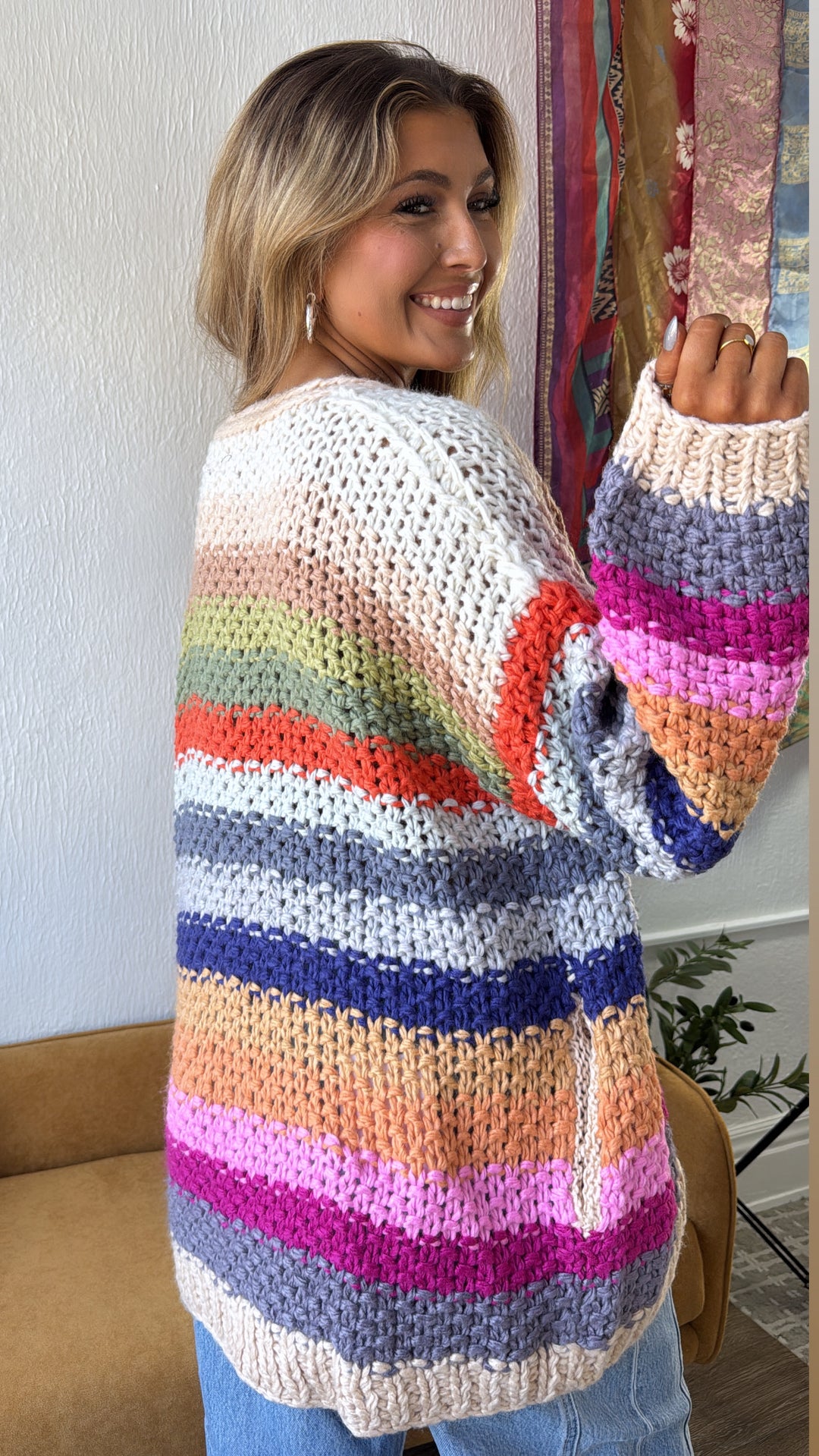 Hand Crochet Oversized Cardigan, Cream Multi