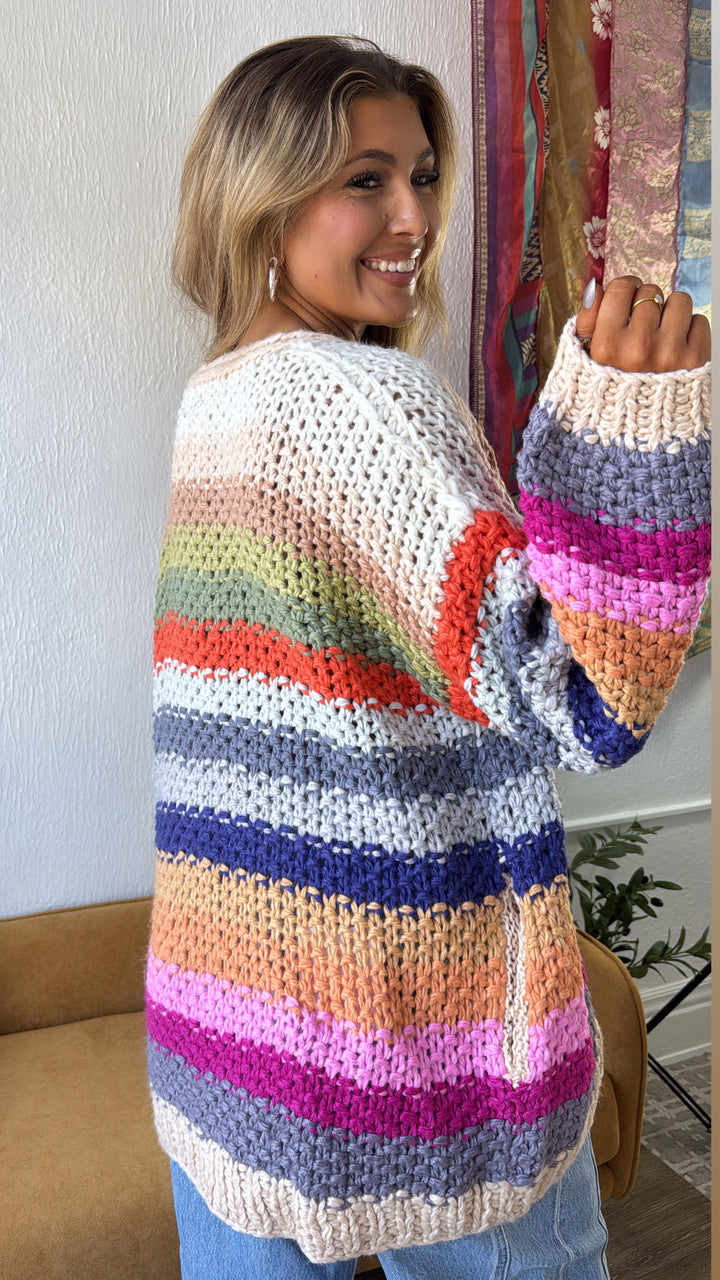 Hand Crochet Oversized Cardigan, Cream Multi