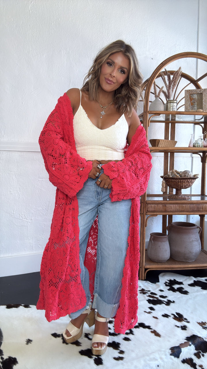 Sunset Soul Crochet Duster, Apple Coral