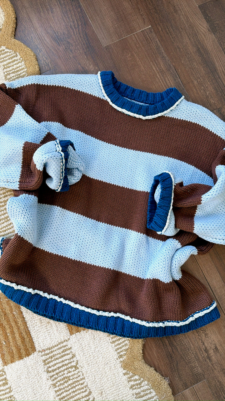Old School Stripe Sweater, Brown/ Sky Combo