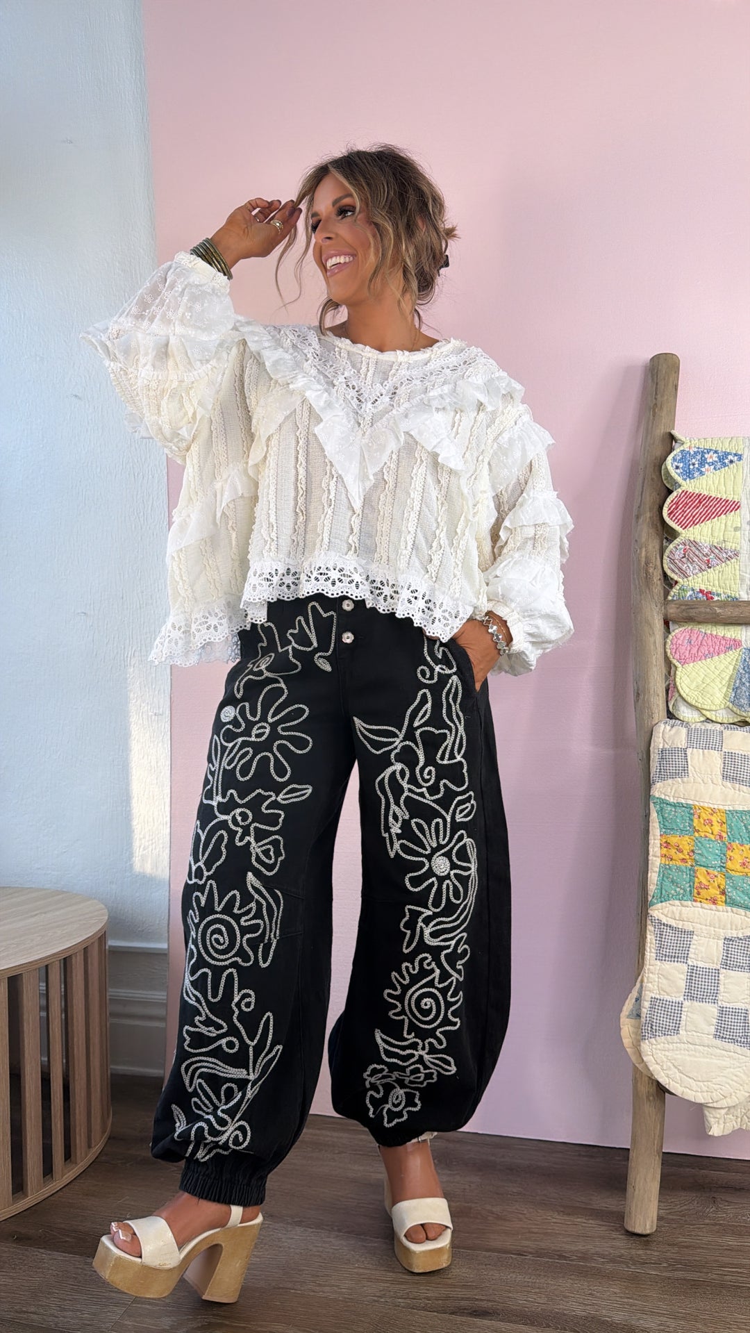 For The Love Of Floral Embroidered Denim Jogger, Black