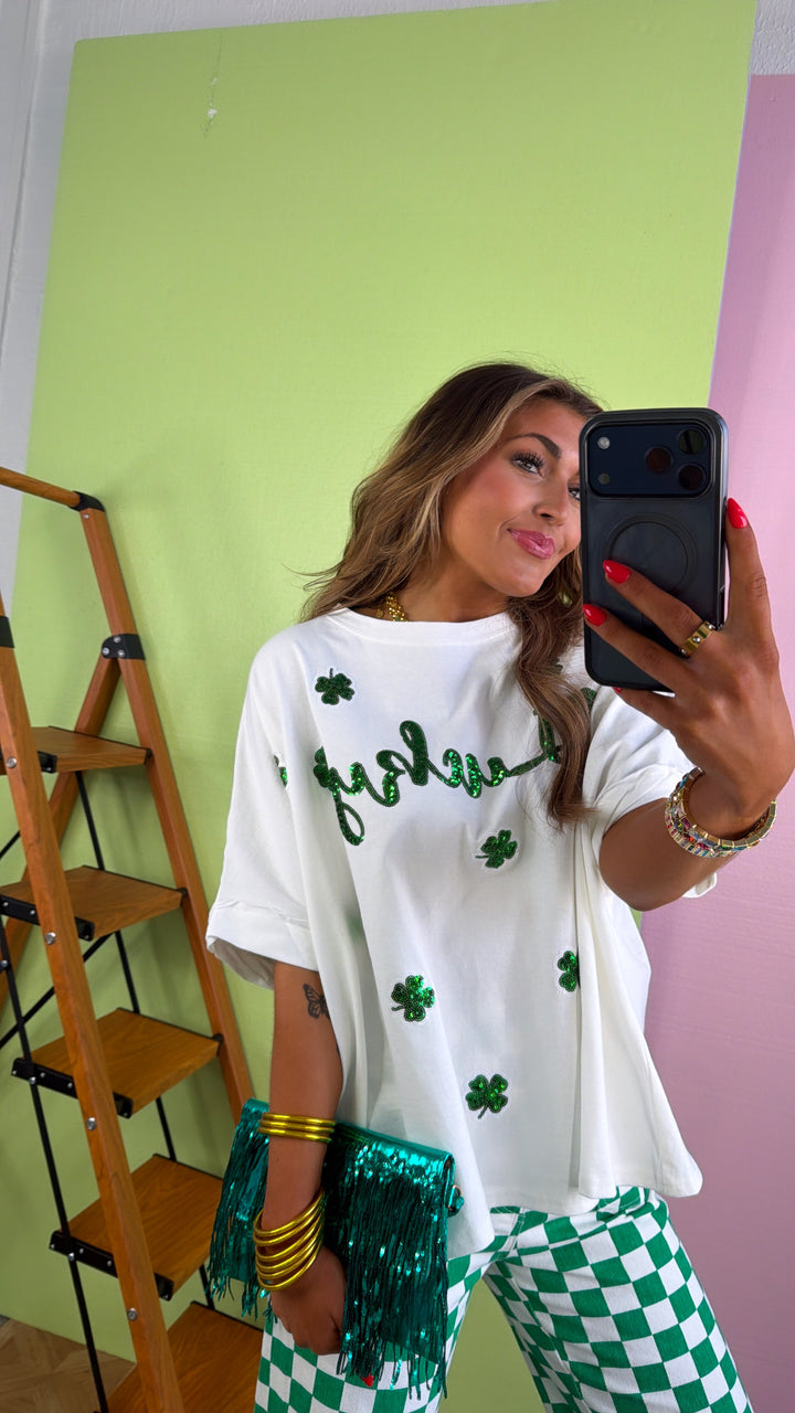 Lucky Sequin Patch Top, White