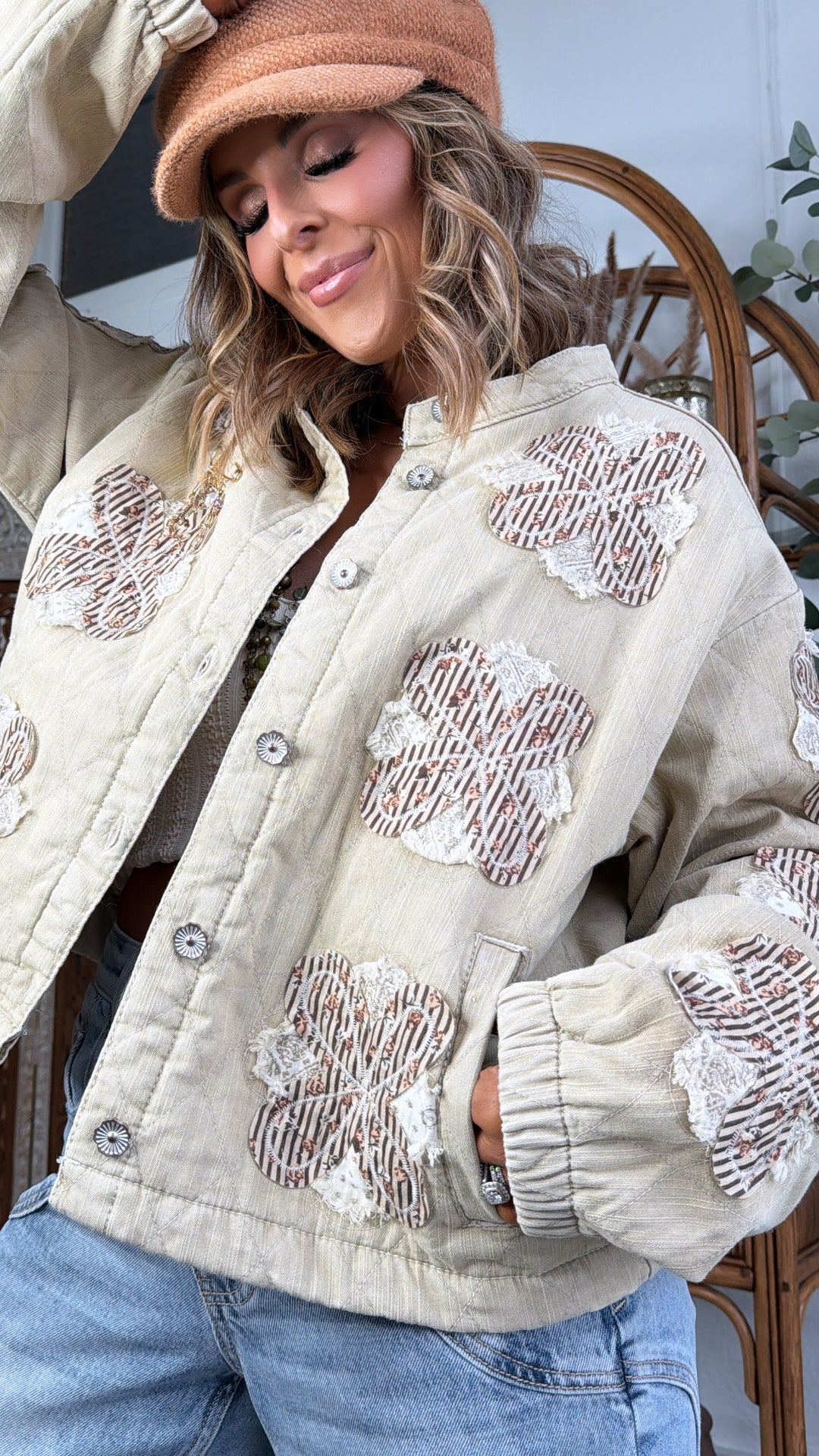 Wilted Flower Quilted Jacket, Taupe Beige
