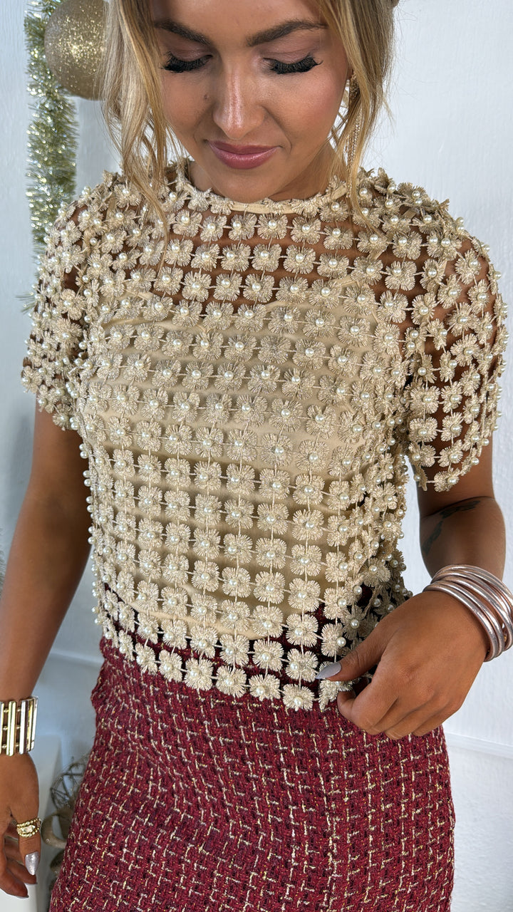 Here To Impress Lace Beaded Short Sleeve Top, Champagne