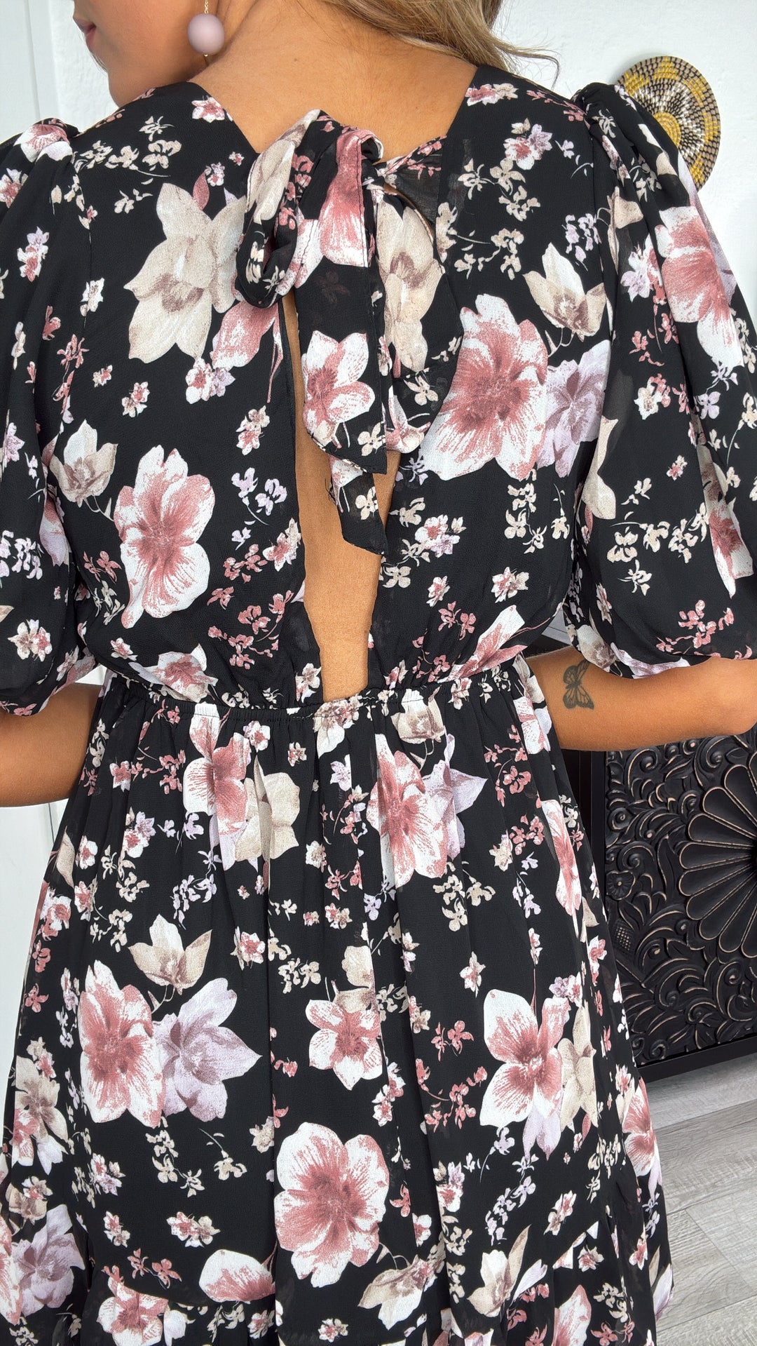 Della Dainty Floral Bubble Sleeve Mini Dress, Fall Black Multi