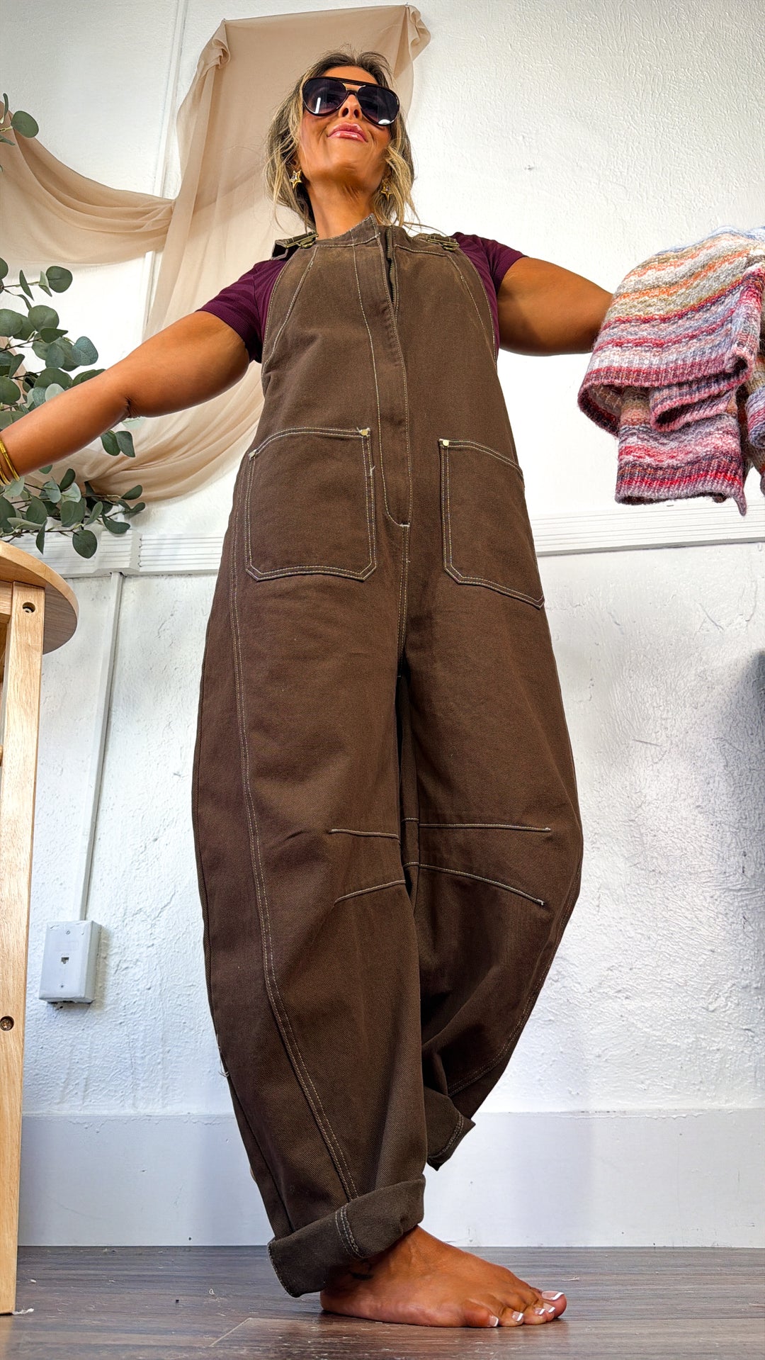 Open Fields Denim Overalls, Mocha Brown