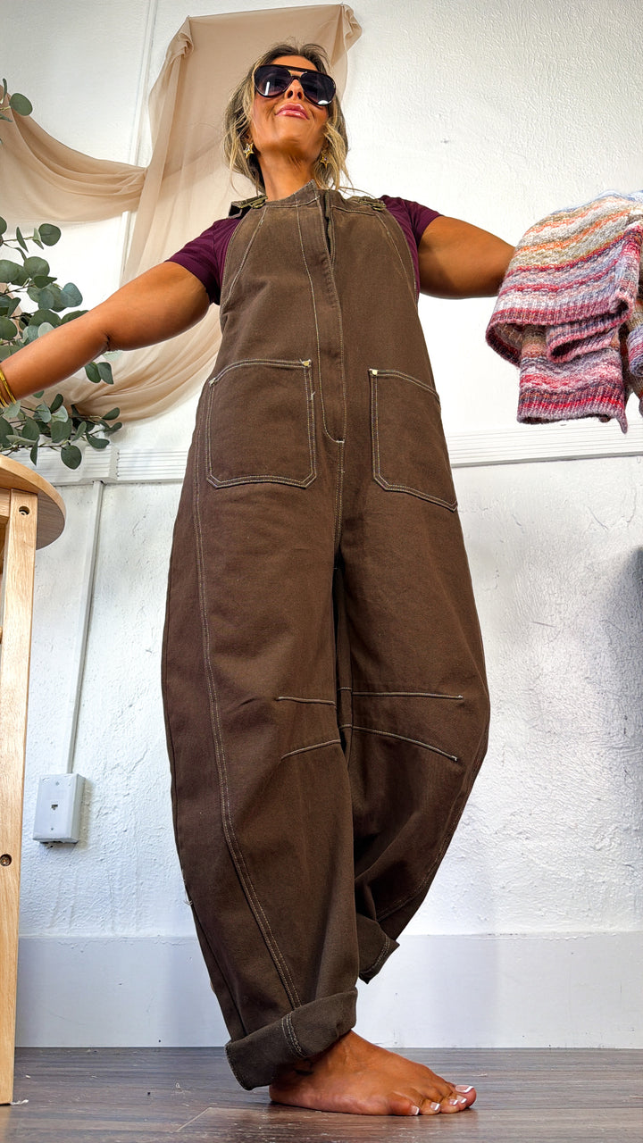 Open Fields Denim Overalls, Mocha Brown