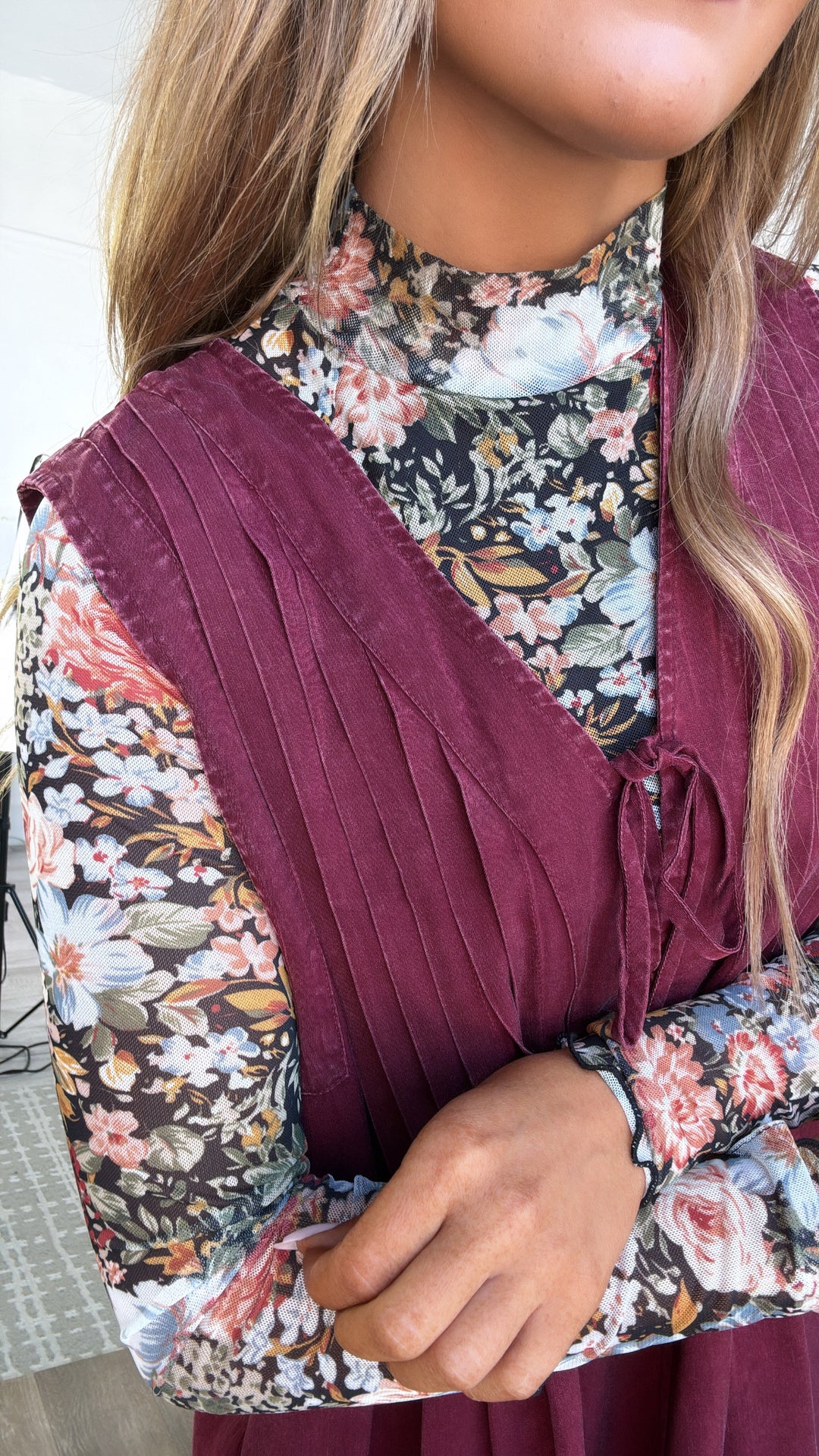 Floral Print Mesh Top, Black