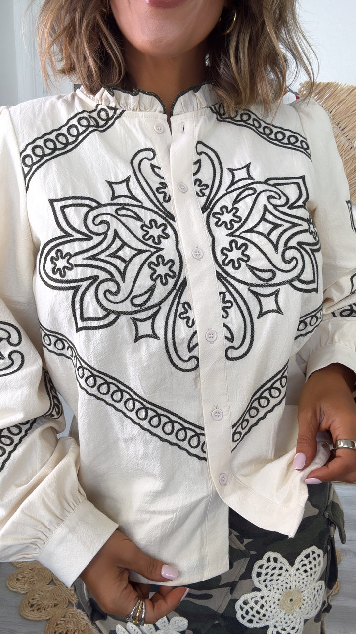 Sundance Ruffle Embroidered Button Up Top, Oatmilk