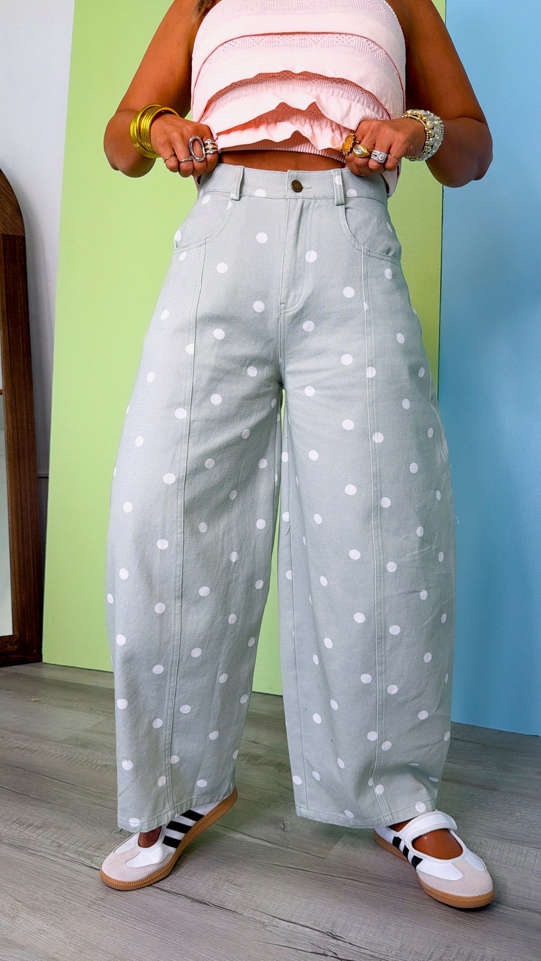Sweet Pea Polka Dot Barrel Pants, Sage