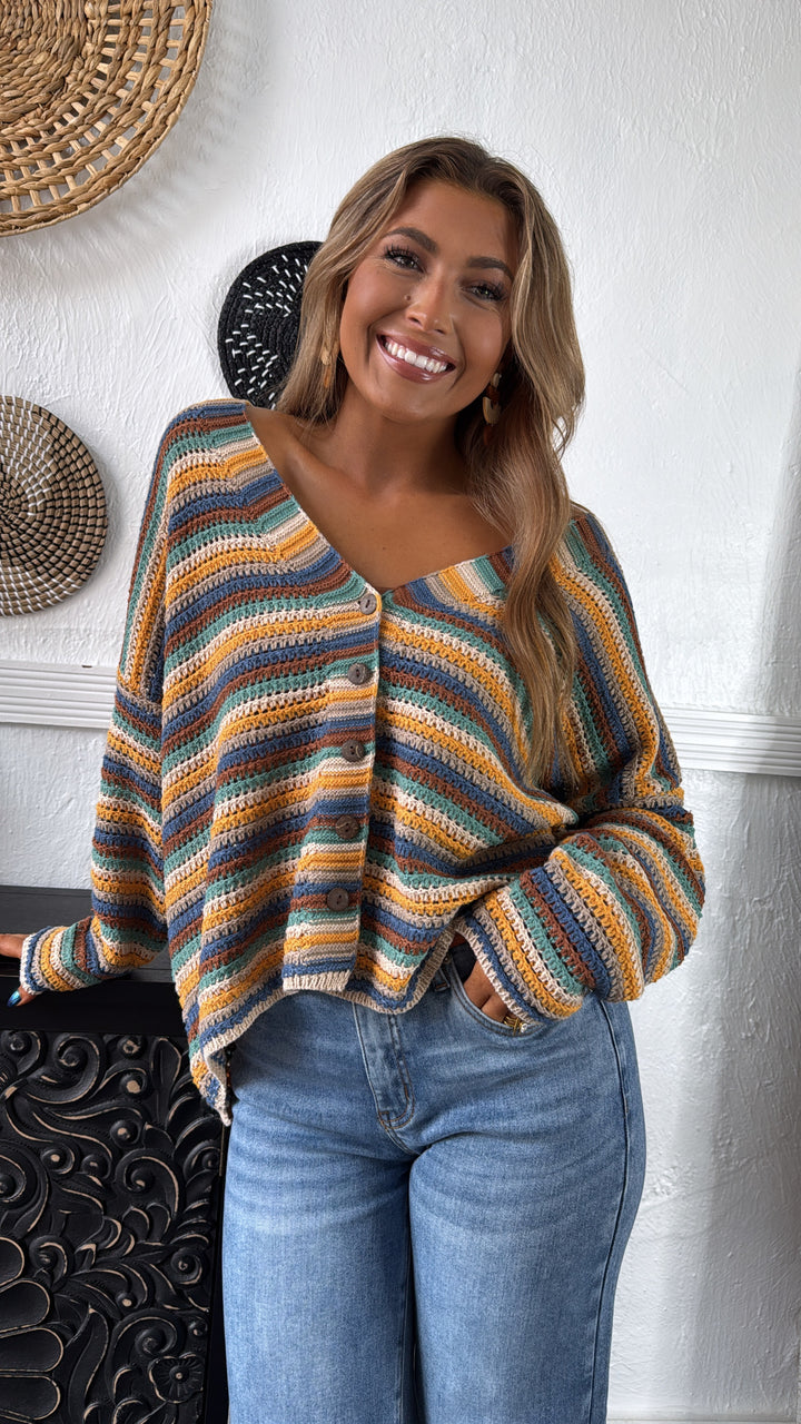 Homeroom Teacher Knit Cardigan, Yellow/ Multi