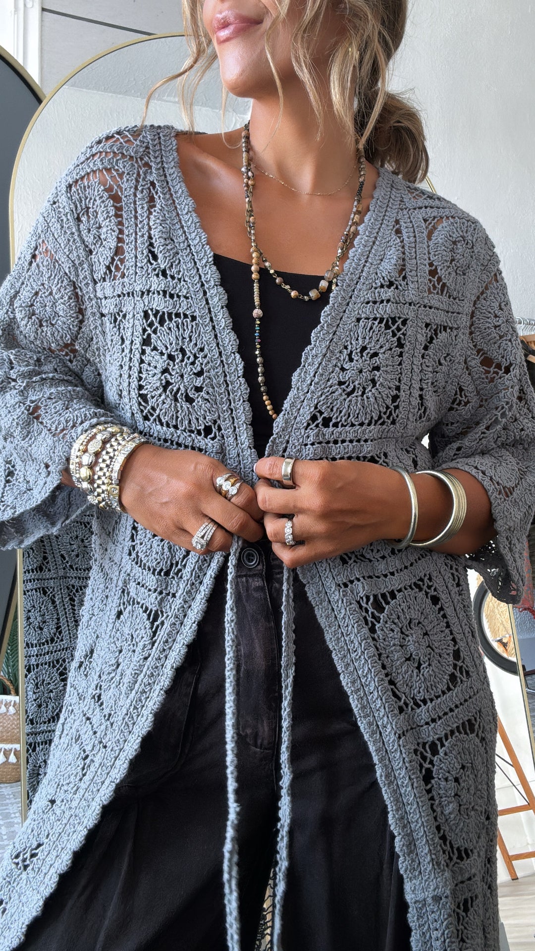 Something Light Crochet Tie Cardigan, Stone Grey