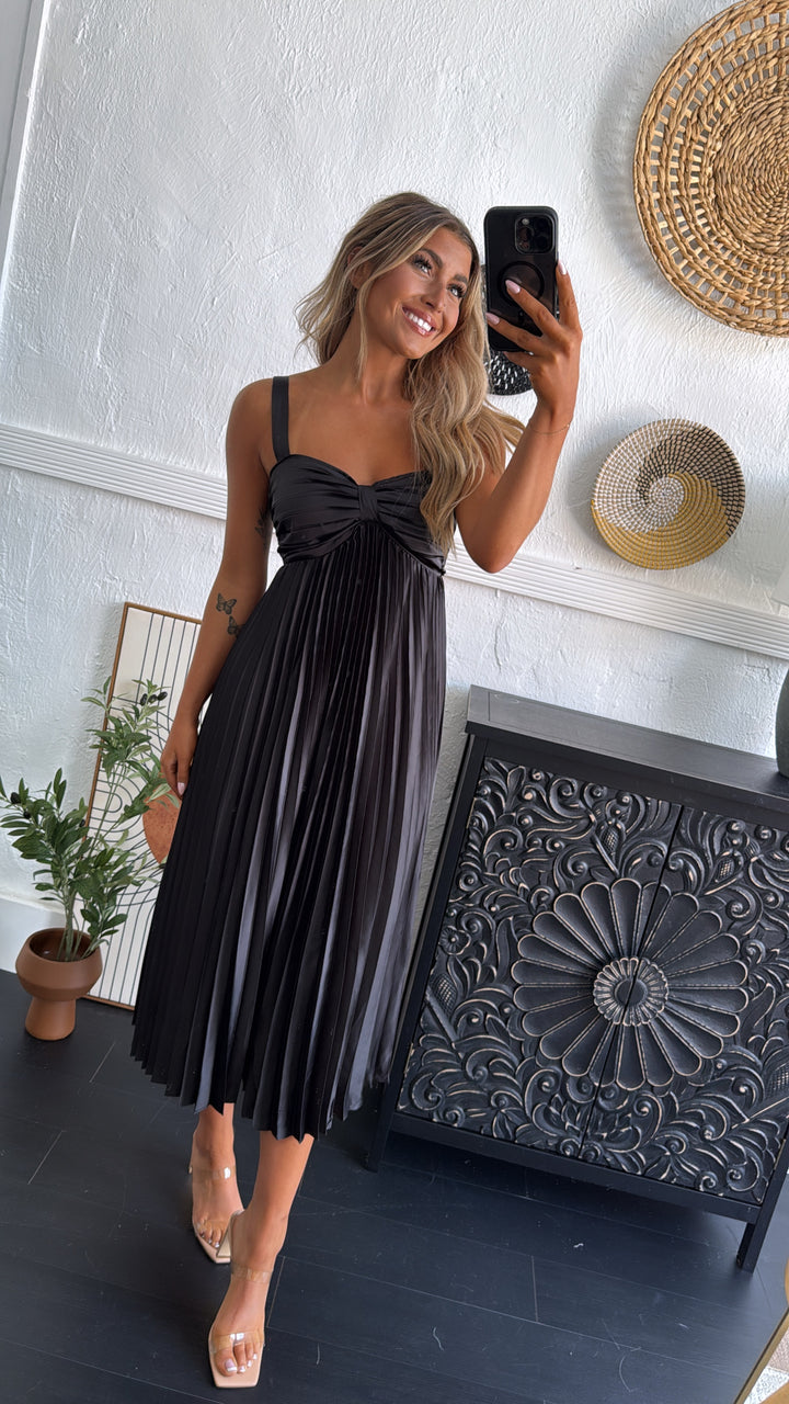 Be Seen Satin Pleated Midi Dress, Black