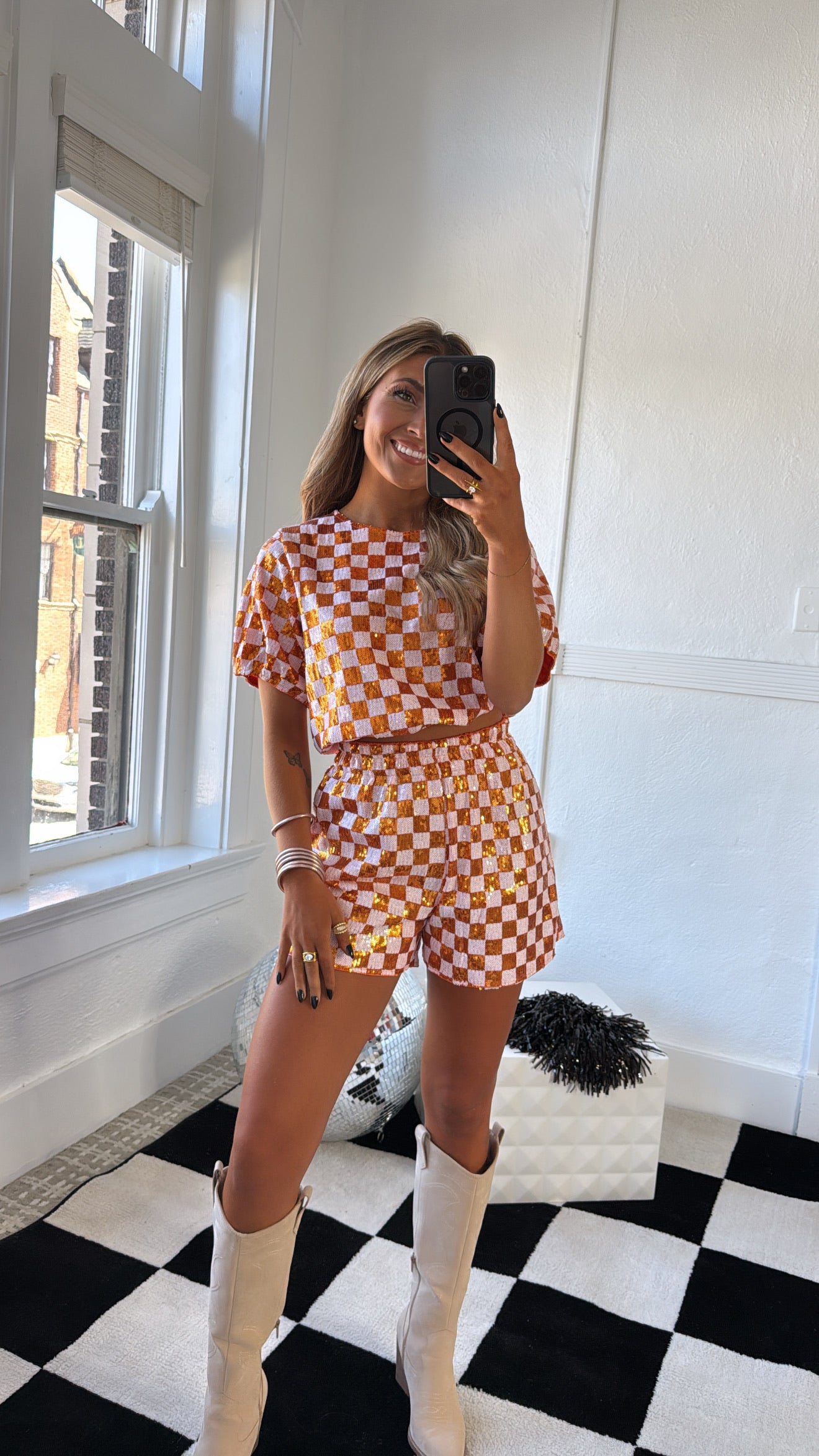 Orange & White Gameday Checkered Sequin Set – Everyday Chic Boutique