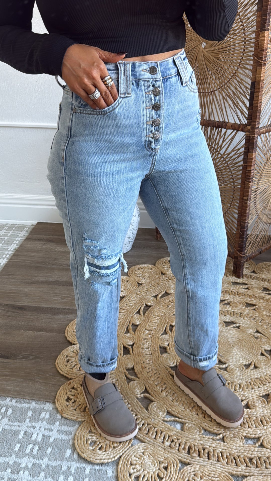 SAIGE: Ford Button Fly Slim Straight Denim, Medium