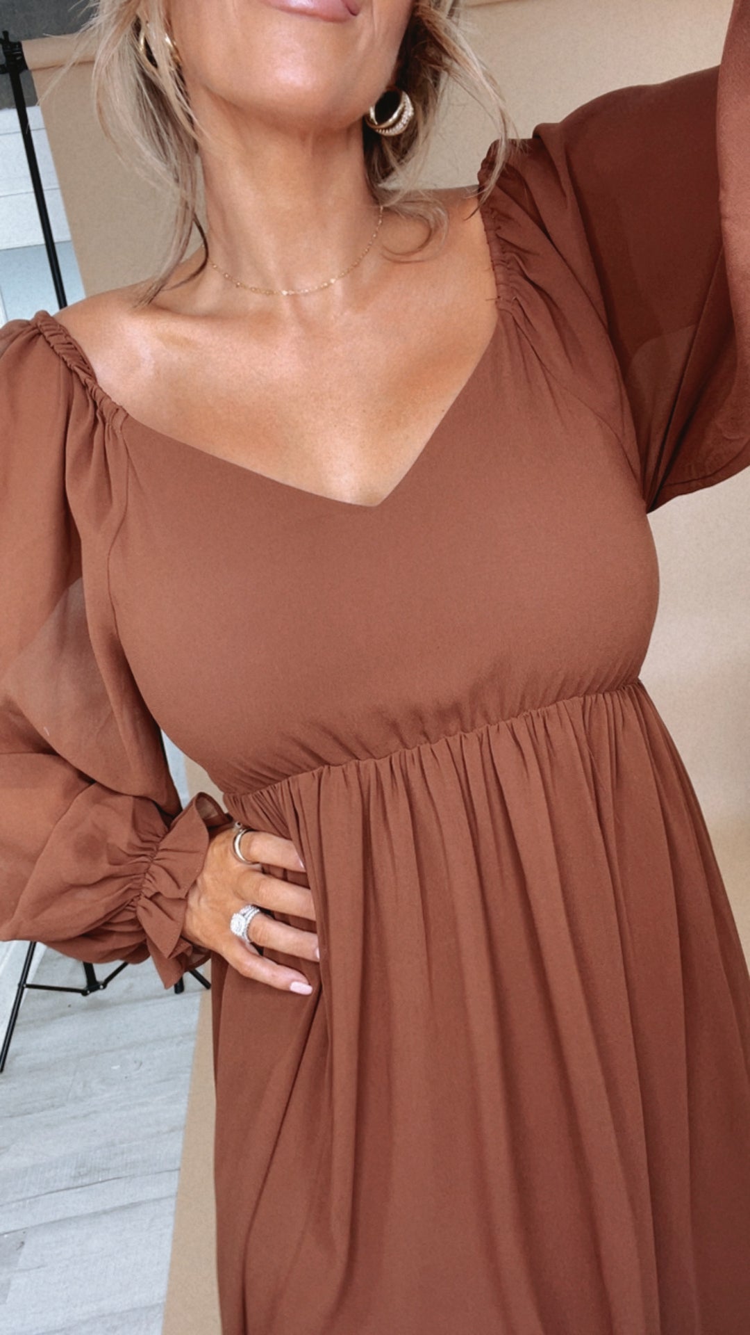 light brown chiffon dress Dark Brown PrettyLittleThing Chiffon Ruffle Detail Long Sleeve A-line Shift Dress
