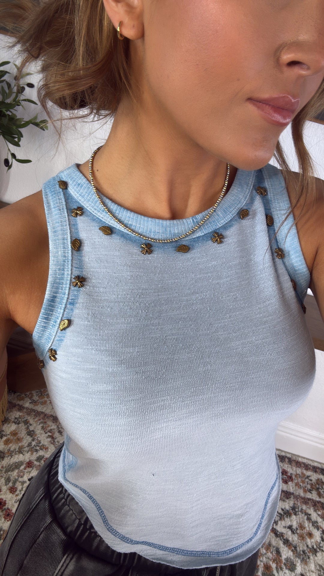 Simple Wear Basic Studded Detail Tank, Powder Blue
