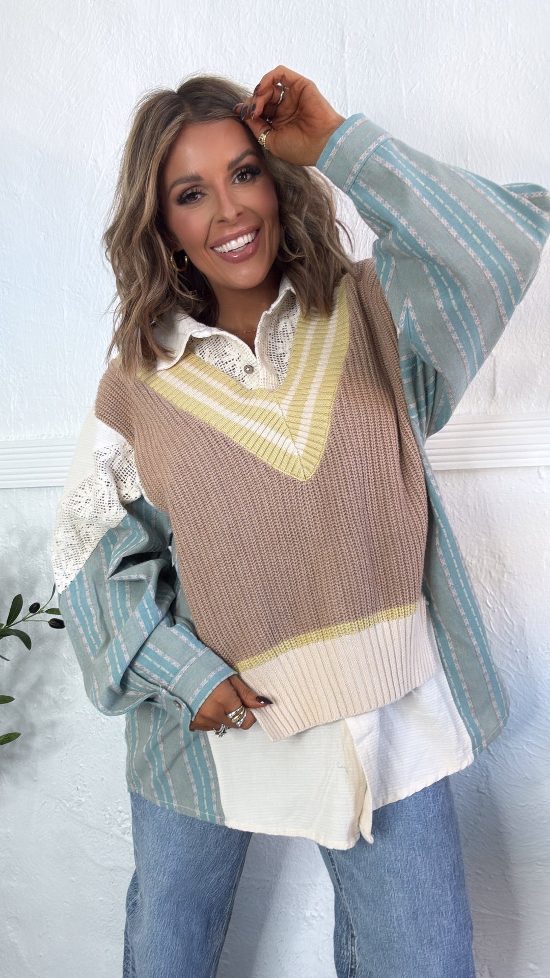 Willa Layered Vest Top, Blue/Taupe