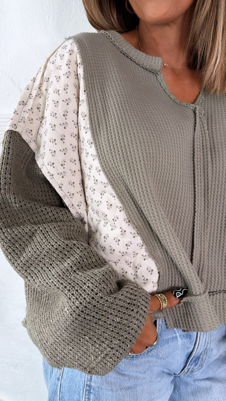 DOORBUSTER: POL Floral Sleeve Sweater, Olive
