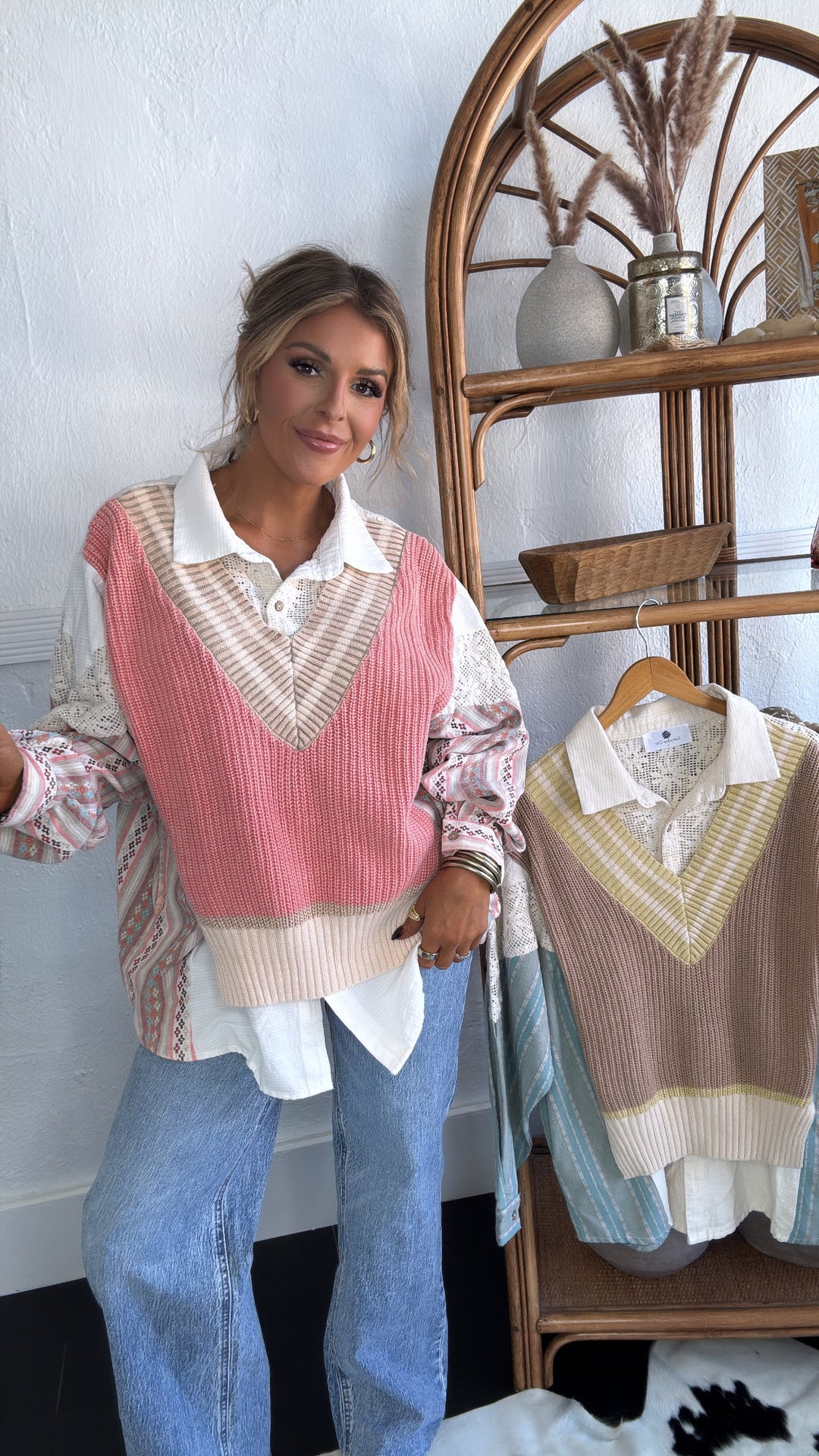 Willa Layered Vest Top, Taupe/Pink