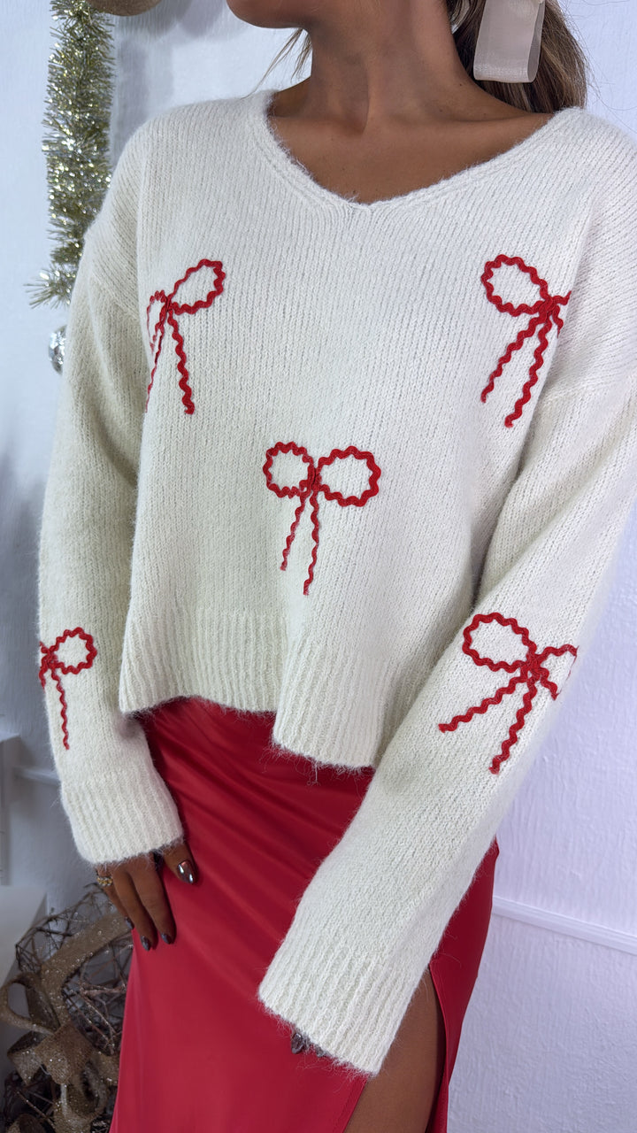 Velvet Ribbon Knit Sweater, Red/Cream
