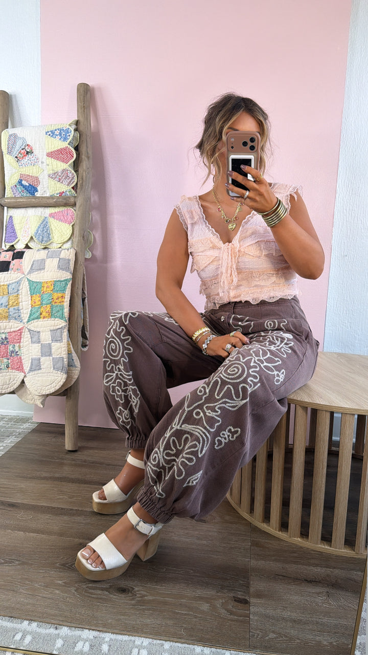 For The Love Of Floral Embroidered Denim Jogger, Mocha