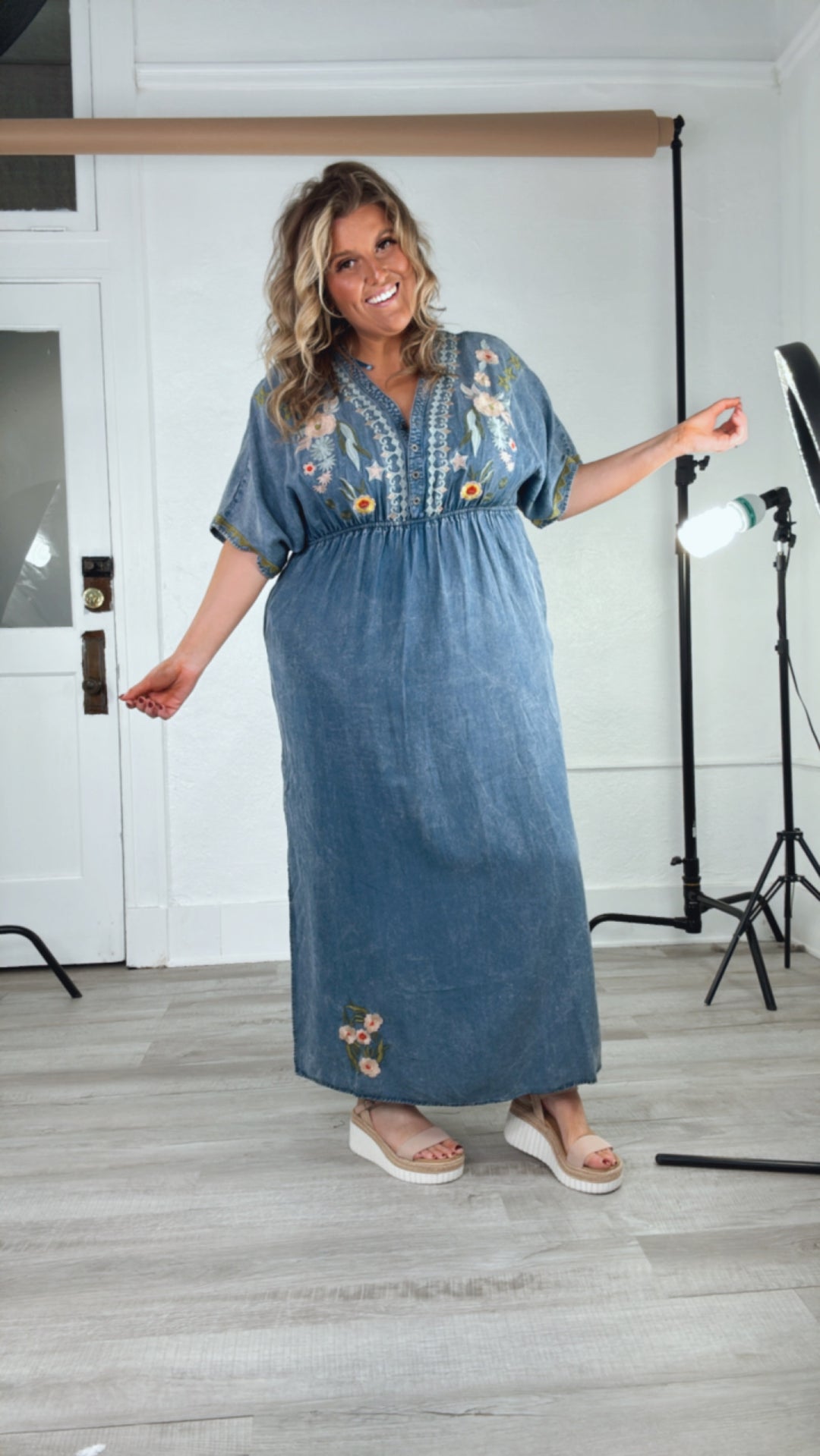 Chambray Stitch & Bloom Embroidered Maxi Dress, Denim Medium Chambray Stitch & Bloom Embroidered Maxi Dress, Denim Medium