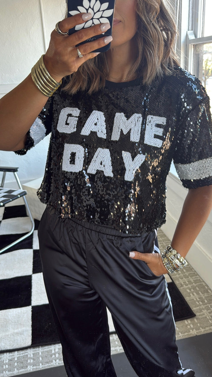 Game Day Sequins Cropped Tee, Black