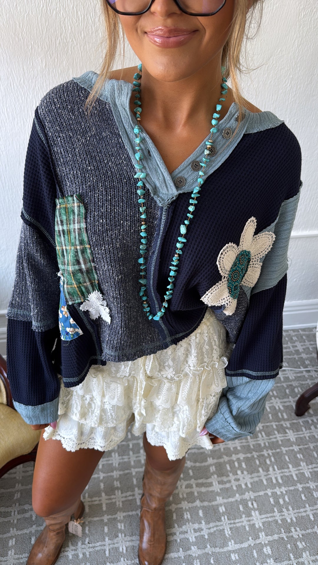 Sweet Impression Patchwork Long Sleeve Top, Indigo