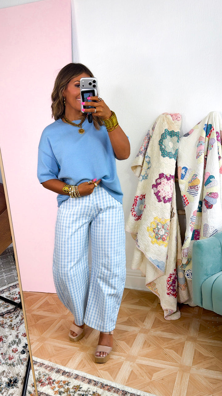 Gingham Blues Barrel Jeans, LT.Blue